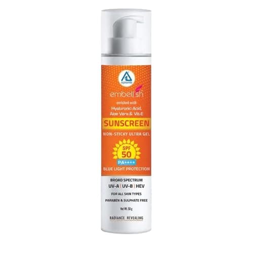 Aplomb Embellish Sunscreen Ultra Gel SPF-50 PA++++ for Even Toned & Glowing Skin with Blue Light Protection, Broad Spectrum for All Skin Types, UV-A, UV-B & HEV Protection (Pack of 1) 50G
