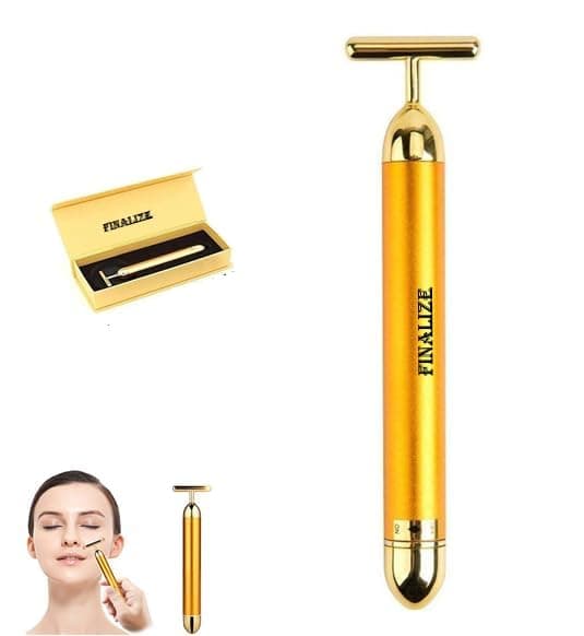 Finalize 24k Gold Energy Beauty Bar Electric Vibration Facial Massage Roller Waterproof Face Skin Care T-Shaped Anti Wrinkle Massager for Forehead Cheek Neck Clavicle Arm (Gold Colour) (T shap 24c)