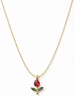 Generic Gold-Tone Rose Pendant Necklace for Women with Red Crystal, Floral Charm Chain Stainless Steel Anti Tarnish Waterproof Hypoallergenic, Gift for Her