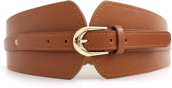 Renesmee Women's Wide Elastic Waist Belt – Stretch Cinch Belt with Stylish Layered Back Design, Interlocking Buckle, and Vintage Appeal for Dresses, Blouses, Blazers (Brown, Fits 23-33 Inches)