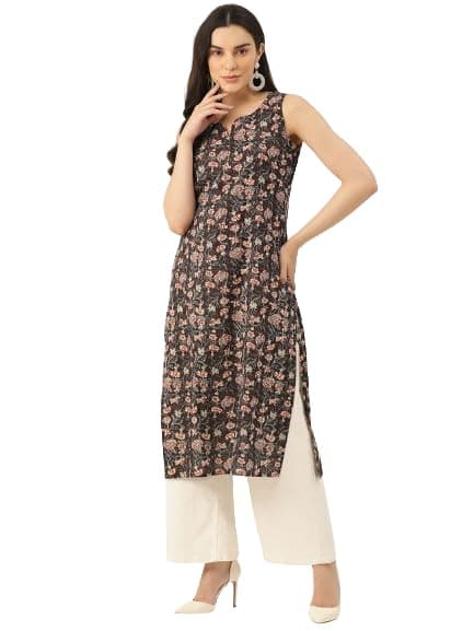 feranoid Unique Printed Vneck Sleeveless Long Straight Kurti