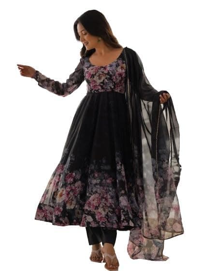 KD Floral Printed Georgette Anarkali Suit for Women | Anarkali Kurta Set with Dupatta, Long Sleeve Traditional Suit, Elegant Ethnic Kurti with Pant Asymmetric Hemline (Black L)