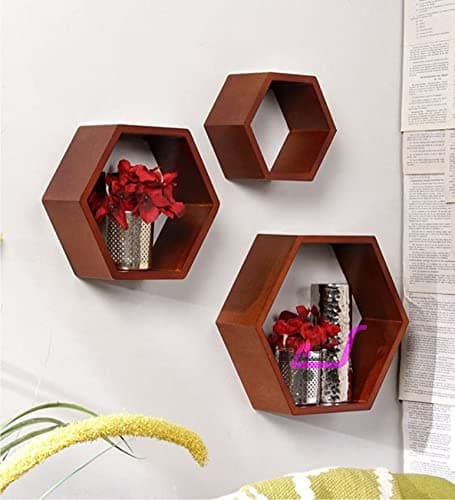 Dime Arts Shoppee Engineered Wood deco colour finish Hexagon Shape Floating Wall Shelves for Living Room (Brown) - Set of 3