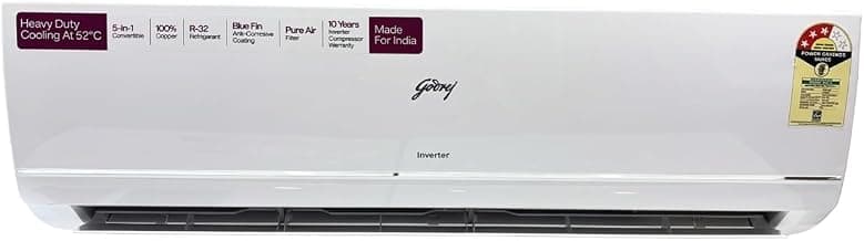 Godrej 1.5 Ton 3 Star, 5 Years Comprehensive Warranty, AI Powered, 5-In-1 Convertible Cooling, Inverter Split AC (Copper, Model, Heavy duty cooling at 52 °C, AC 1.5T TR HIC 18Y3TG WA 3S, White)