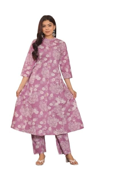 beSOLiD Women's Sanwadi Cotton Graceful Lilac Floral Coord Set | Printed Co-ord Set of Kurta and Pant | Quarter Sleeves-Mandarin Collar Casual Wear Co-Ord Suit