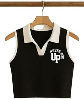 Generic Trendy Sleeveless Crop Top with Collar and Motivational Never Give Up Print for Women