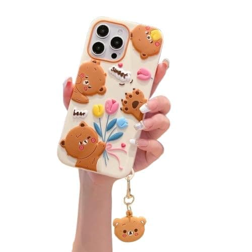 SPARKUP Sweet Tulip Bear Silicone Phone Case with Charm for iPhone - Cute 3D Soft Back Cover for Girls, Shockproof Mobile Case with Stand Holder (iPhone 16 Pro)