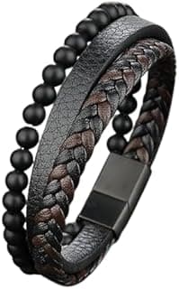 MEENAZ Bracelet for Men Black Leather Bracelet for boys Magnetic-Clasp Leather Mens Beads Evil eye Bracelets for Men Stylish Combo Silver Stainless Steel Birthday Gift Anniversary Husband 665