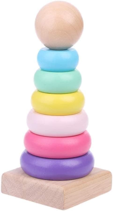 SHINETOY 7 pcs Wooden Stacking Rings for Babies 6–24 Months | Montessori Rainbow Stacker Educational | Color & Shape Learning Toy for Toddlers | Sensory Development Toy Gift for Kids