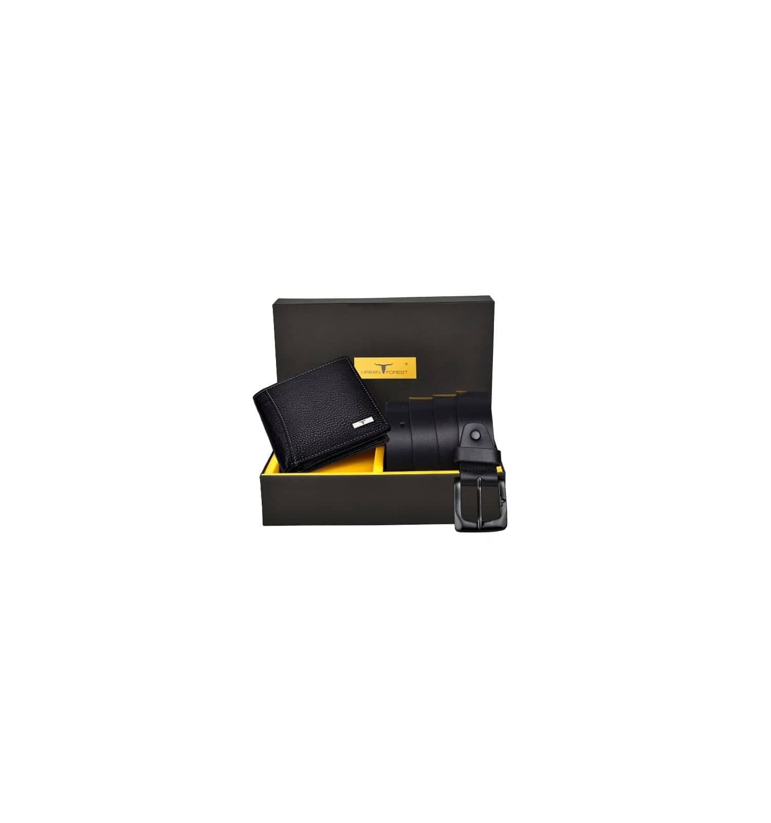 URBAN FOREST Brian Black Leather Wallet & Black Casual Belt Combo Gift Set for Men
