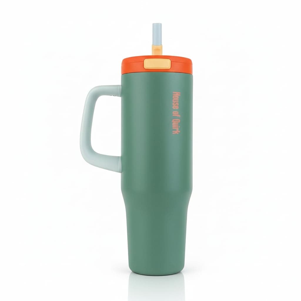 House of Quirk 1200ML Stainless Steel Tumbler with Handle & Pop-Up Lid, Leakproof Travel Cup, Fits Car Cup Holder (Cactus Green)