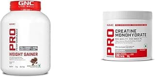 GNC Pro Performance Weight Gainer (Double Chocolate, 3 KG)| 73g Protein | 440g Carbs | 2200 Cal & GNC Pro Performance Creatine Monohydrate, (Unflavoured, 100 grams Powder) COMBO