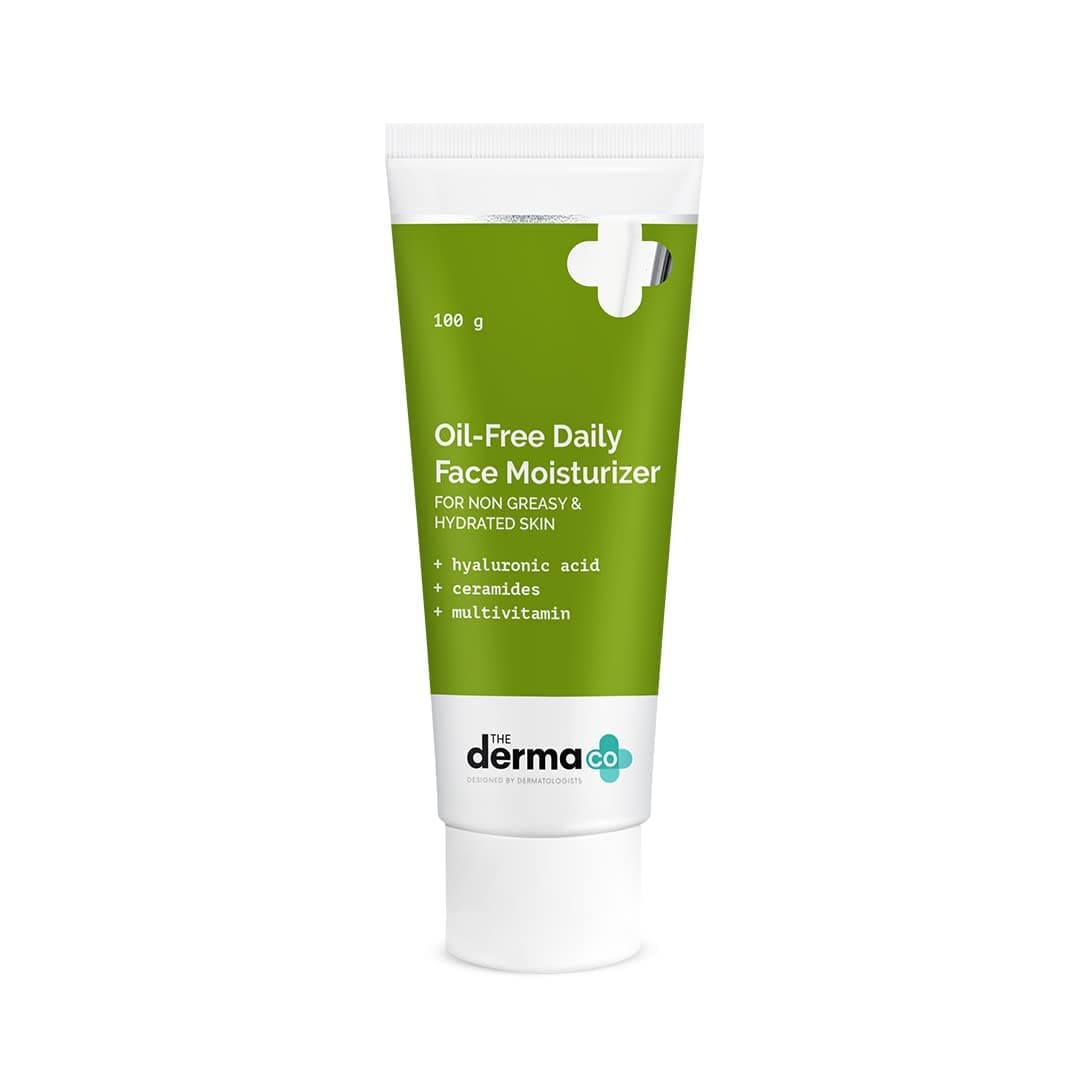 The Derma Co Oil-Free Daily Face Moisturizer | With Hyaluronic Acid, Ceramides & Multivitamins | For Non-Greasy & Hydrated Skin | Prolonged Moisturization | Strengthens Skin Barrier | 100 g