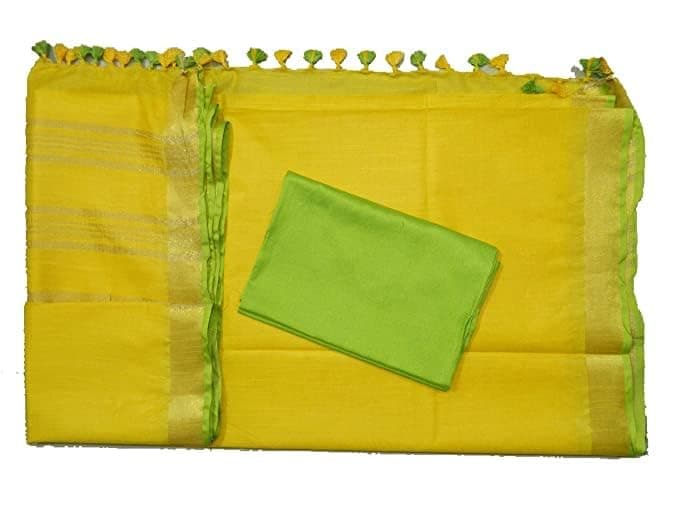 HAIDER ALI AND SONS Women's Handloom Bhagalpuri Linen Cotton Blend Saree Ethnic Wear With Contrast Unstitched Blouse Piece| (Yellow)