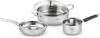 Lifelong 4 piece Stainless Steel cookware Set | 22 cm Kadai & Fry Pan 22 cm with Glass Lid | 14 cm Sauce Pan | Sandwich Bottom | Induction & Gas Stove Compatible (Silver, LLSSKFS01)