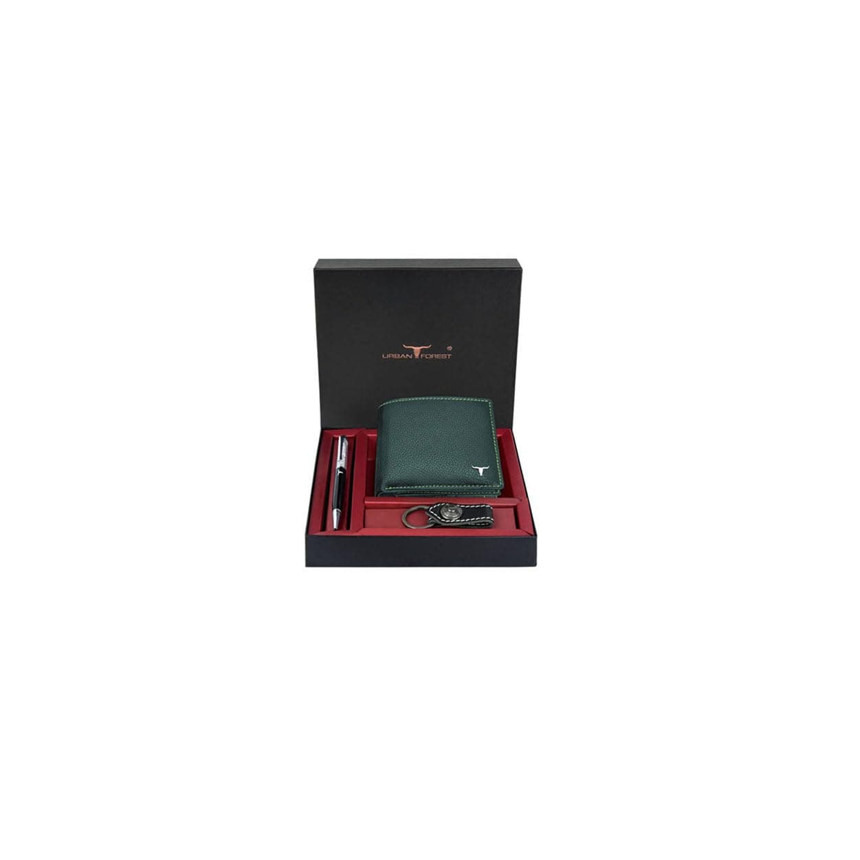 URBAN FOREST Cyrus Green Leather Wallet, Diamond Pen & Keychain Combo Gift Set for Men