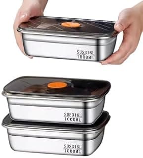 SOLIGT Fridge Storage Box 316 Stainless Steel Food Storage Containers | Food Grade, Leakproof Kitchen Organizer | Freshness Locking, Microwavable & Freezer Safe, Silver With Lid (1000 ML 3 Pcs)