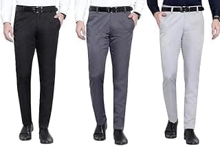 Generic Men's Premium Formal Trousers, Slim Fit Premium Fabric Blend, Pack of 3, Black, Dark Grey, Light Grey
