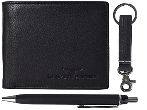 URBAN FOREST Weasley Black Leather Wallet, Keyring & Pen Combo Gift Set for Men