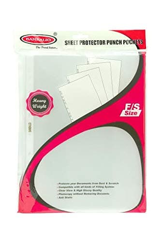 Bambalio BP-200F Glossy Transparent Document Sleeves, 50 Leaf Sheets, Clear Certificates/Water Proof Sheet Protectors 11 Holes Punched Ring Files FS Size/ 200 Microns