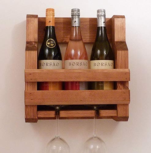 Genuine Decor Rustic Solid Wooden Wall Mounted Wine Rack - 3 Bottle and 2 Glass Holder