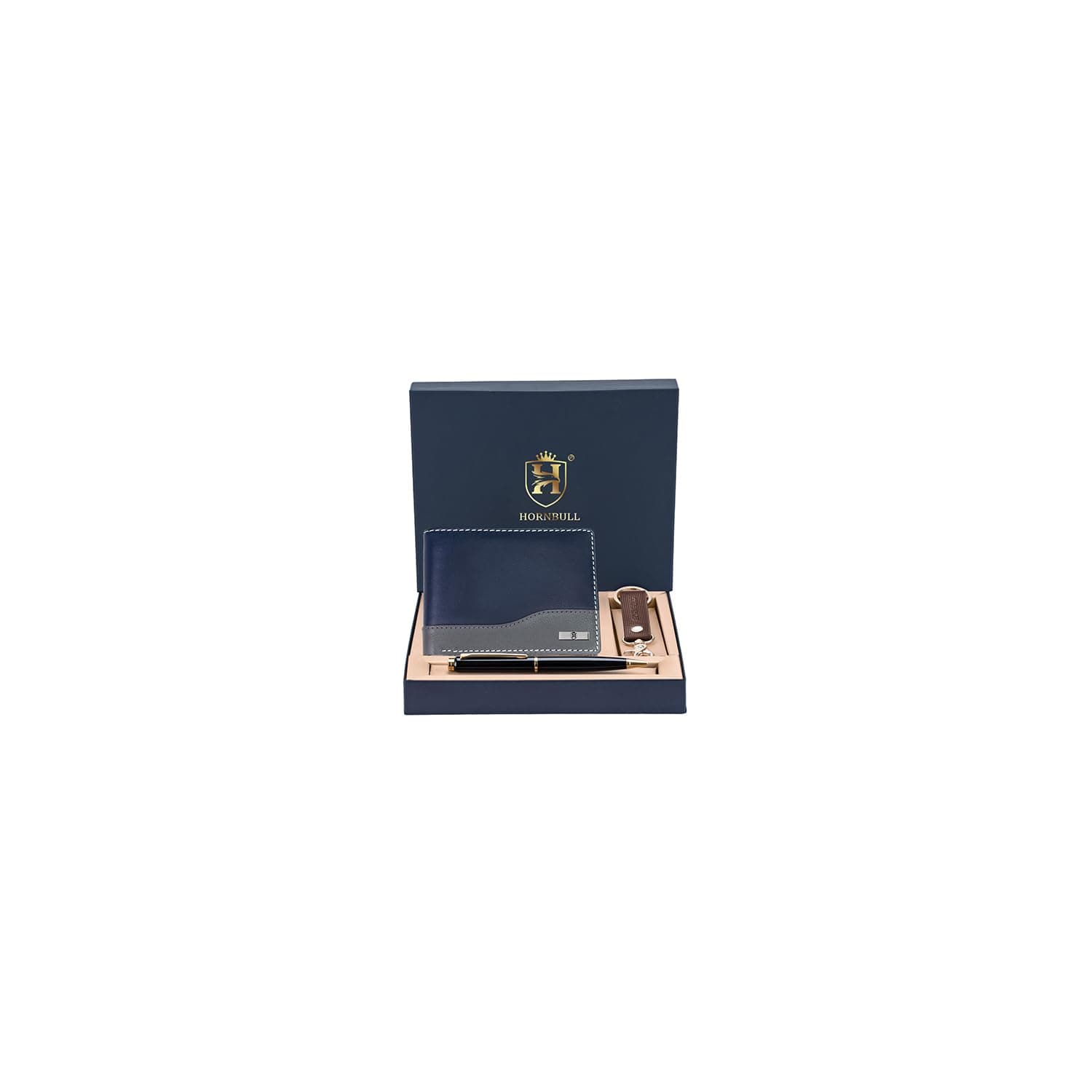 HORNBULL Navy Buttler Mens Leather Wallet, Keyring & Pen Combo Gift Set for Men | Gift Set for Men
