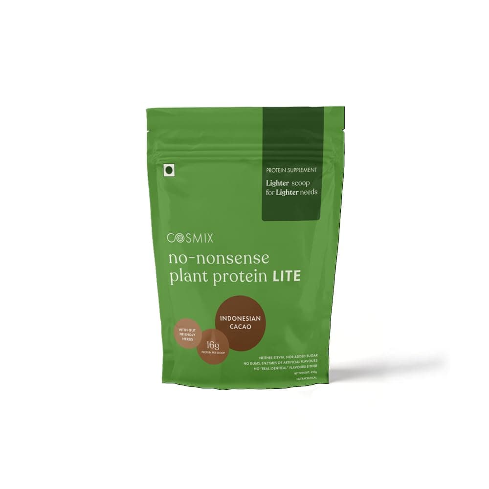 Cosmix No-Nonsense Plant Protein LITE For Beginners | 16g Protein/Serve, 450g Pouch | Indonesian Cacao (Chocolate) | Plant Based Protein, Pea & Rice Isolate | Clean, Easy to Digest | All Essential Amino Acids