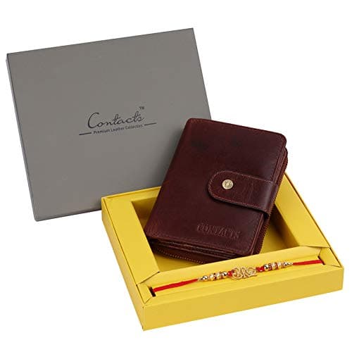 Contacts Men's Genuine Leather Wallet with Rakhi Gift Set Combo | RFID Blocking Wallet for Men | 12 to 14 Card Slots Including 1 ID Window | 1 Zipper Coin Pocket (Brown RKI)……