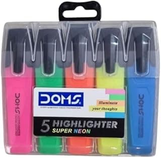 Doms Highlighter Set of 5 Assorted Ultrabright Neon Colours | Smudge free | long lasting Odour Free Ink | Set of 5 colours