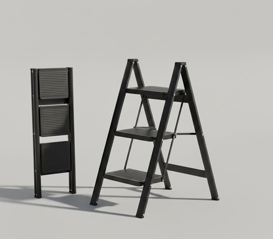 JIALTO 3 Step Metal Ladder for Home, Foldable Lightweight Stepping Stool with Wide Pedals, Anti Slip Heavy Duty 150 Kg Capacity, Portable for Kitchen, Office & Library (Matte Black)