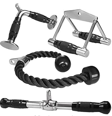 Fitrxx Combo Tricep Rope/Tricep Pull Down Rope and V Bar Cable Attachment – Cable Bar for Strength Training (Rowing Handle, V-Shaped Bar, Triceps Rope, Straight Rotating Bar)