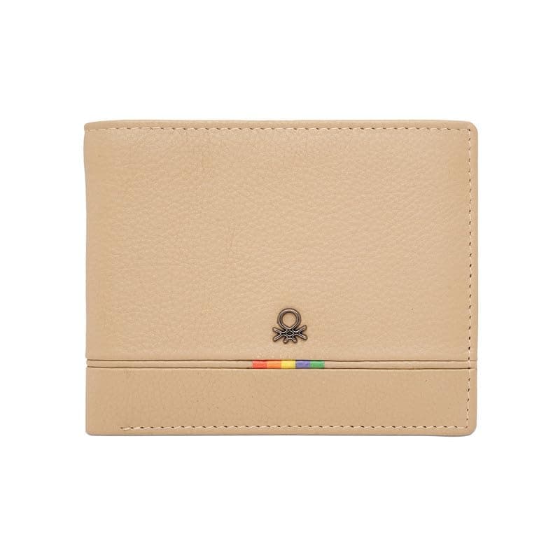 United Colors of Benetton Men's Minimalist Leather Slimfold Wallet Forssa - Beige | Thin Bifold with 8 Card Slots & 2 Compartments | Stylish Purse of Gents