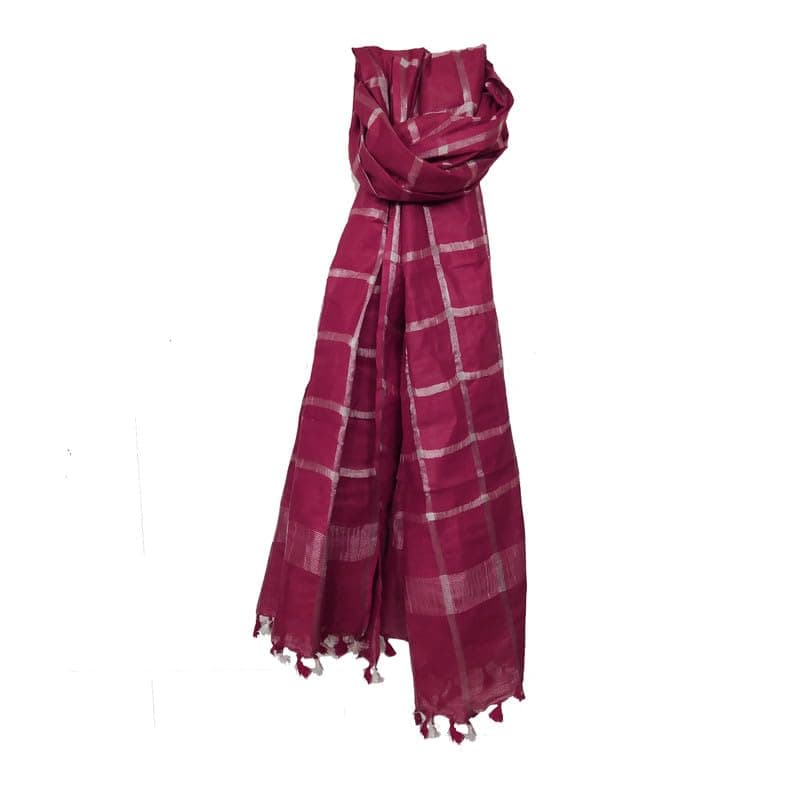 OmenSilks | Handloom Women's Linen Cotton Blend Bhagalpuri Check Dupatta With Zari Border-Free Size-Color Variation