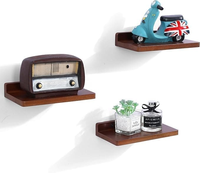 WOOYNEX Small Floating Shelf Set of 3 | Rustic Wooden Mini Display Shelves for Bedroom, Living Room, Kitchen & Bathroom Décor | Modern Wall Storage & Organizer Display Bars (Brown)
