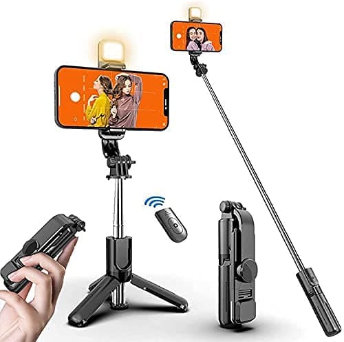 HOLD UP Selfie Stick with LED Fill Light, Phone with Detachable Bluetooth Wireless Remote Compatible with iPhone 12/11/XR/X/Pro, Galaxy S10 and More