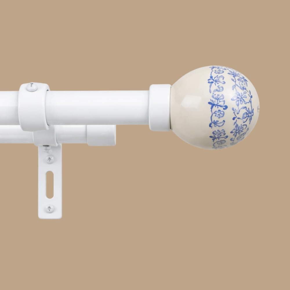 The Decor Mart 84"-144" Adjustable Double Curtain Rod for Door & Windows with Brackets Set Curtains Hanging Extendable Iron Metal Pipe Holder with Rococo Ceramic Finial (White, 0.75" Diameter)