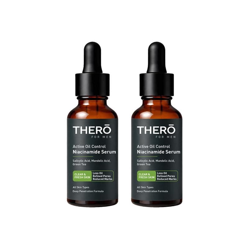 Thero For Men Active Oil Control 10% Niacinamide Serum with Salicylic Acid, Mandelic Acid & Green Tea | Reduces Excess Oil, Post Acne Marks & Open Pores | Lightweight, All Skin Types | 60ml