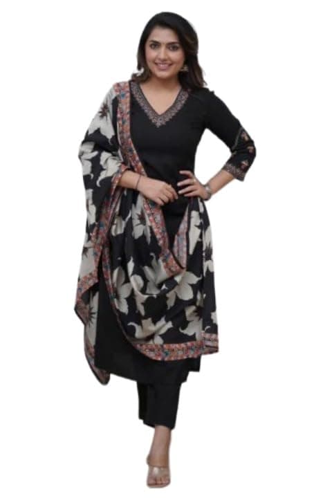 GoSriKi Women Viscose Straight Embroidered Kurta Pant Dupatta Set | Ladies Ethnic Kurti Bottom Set with Floral Dupatta | Indian Wear for Office, Casual, Festive Use