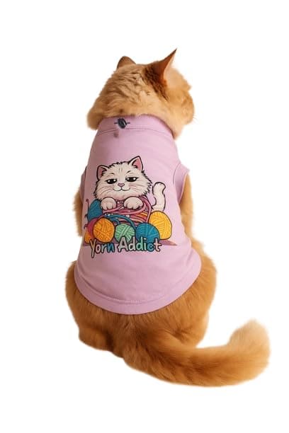 Thunder Tails Printed Cat T-Shirt for Small to Large Cats & Kittens | Lightweight Breathable Cotton Pet Apparel | Cute & Stylish, Comfortable Round Neck Cat Clothes (M, Lilac)