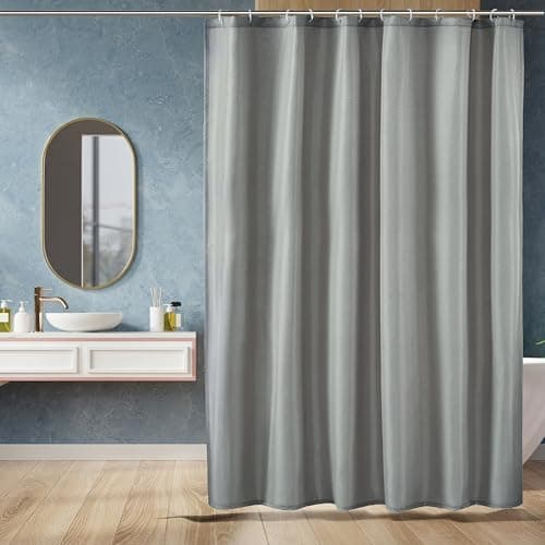 Amazon Basics Shower Curtain 6 Feet | Waterproof Bathroom Curtain | PVC-Free, No Plastic Smell | Machine Washable Fabric | Grey | 6ft Wide | 12 Hooks -180 CM X 180 CM