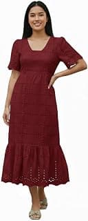 Bedazzle Women's Cotton Eyelet Embroidered Midi Dress | Short Ruffle Sleeves, Flattering Fit & Flare | Elegant Occasion Wear