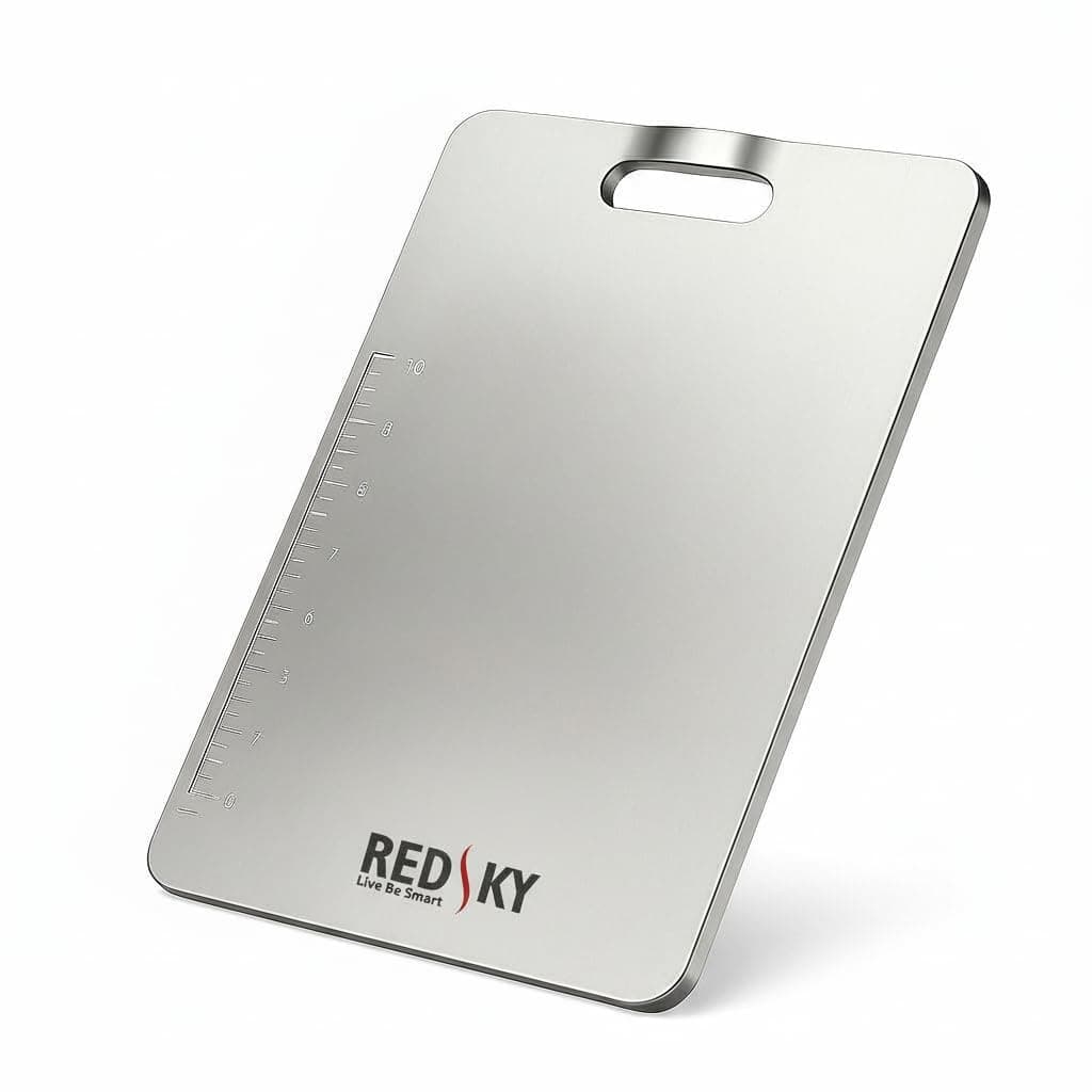 REDSKY Stainless Steel Cutting Board with Measurement Scale, Professional Kitchen Chopping Board with Handle, Silver