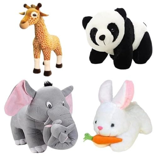 Future Shop Pack of 4 Elegant Soft Toys - Mother Elephant, Giraffe, Rabbit, and Panda for Kids Plush Animals for Playtime and Cuddling