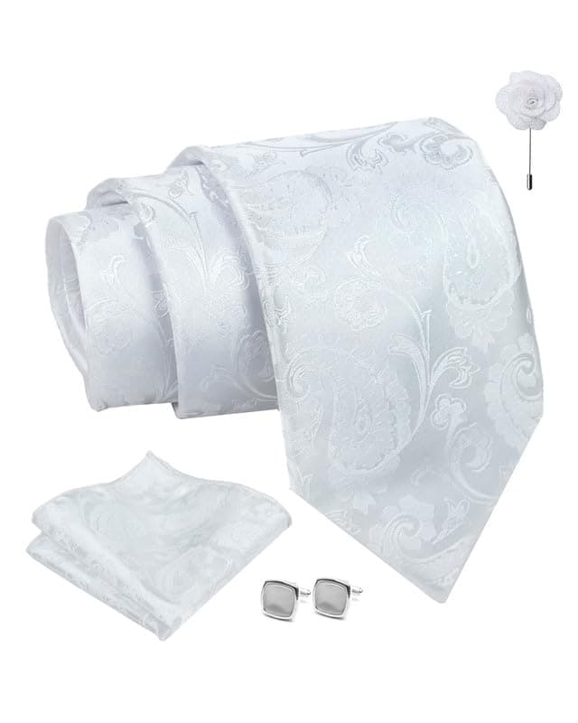 Axlon Tie for Men – Floral Silk Neck Ties Set with Cufflinks Flower Pin, Pocket Square & Black Gift Box, Combo Necktie Sets for Office Wear, Formal Suits & Weddings (White, AX24_50)