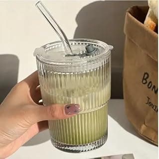 SKDBPM Ice Juice Drinks Glass Can Mug with Straw for Milk/Coffee/Green Tea Cup Set of 1-400ml Transparent Printed Can Shape Cup (Pack of 1) (Ribbed Sipper)