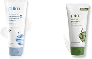 Plum Face Wash Duo (50 ml Each) | Simply Bright 2% Niacinamide Face Wash with Rice Water + Green Tea Pore Cleansing with Glycolic Acid | Brightening, Oil Control & Acne Care
