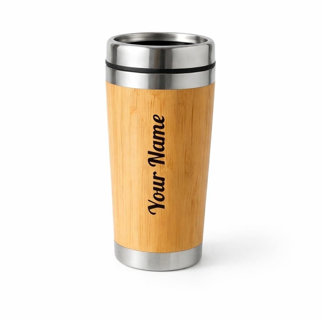 Giftana Personalized Coffee Tumbler with Name, Customized Bamboo Finish Travel Mug with Lid, 450ml Reusable Coffee Cup for Office and Travel, Birthday Gifts for Men and Women, Diwali Gifts, Beige
