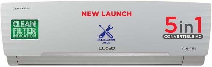 Lloyd 1 Ton 5 Star Inverter Split AC (5 in 1 Convertible, Cools Up To 52°C, Smart 4 Way Air Swing, Turbo Cool, Installation Check, 100% Copper, White, GLS12I5FWBEV)
