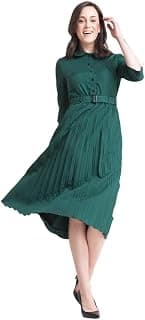 FableStreet Women's Polyester Peter Pan Collar Pleated A Line Midi Dress |Women Formal Dress Smooth Fabric with Belted Waist & Front Slit for Office & Business Events