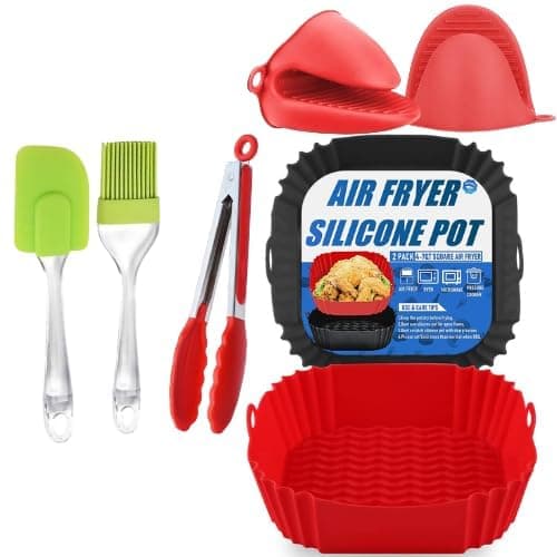 ITUSHA 3 Air Fryer Silicone Liners & 3 Air Fryer Accessories - 7.5 inch (3-5 Qt+) Silicone Baskets/Pots/Liners with Oven Mitts, Basting Brush and Tongs (Multicolour) (P2 with SQ)
